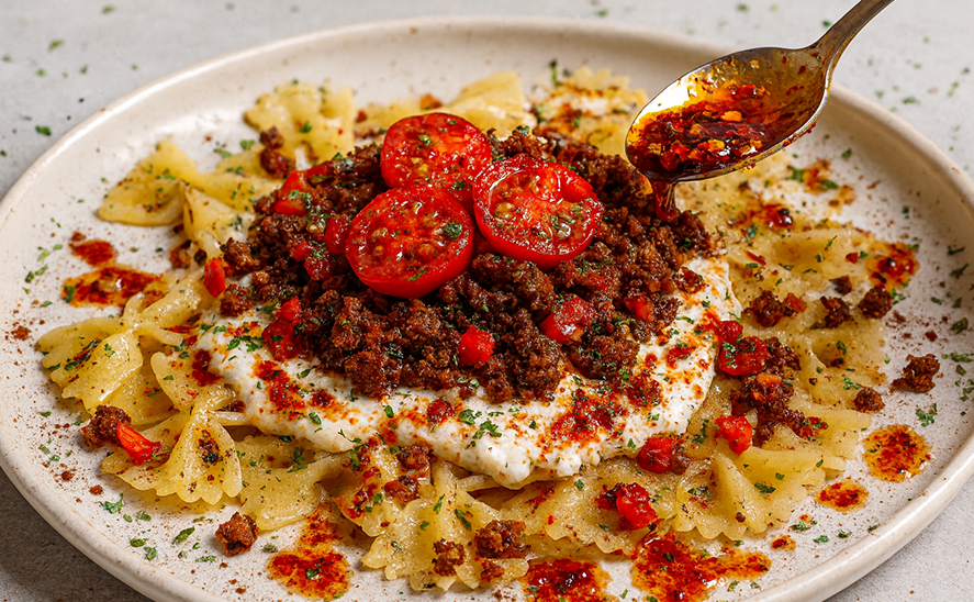 iV's Gourmet Creamy Garlic Yogurt Pasta with Spiced Mince