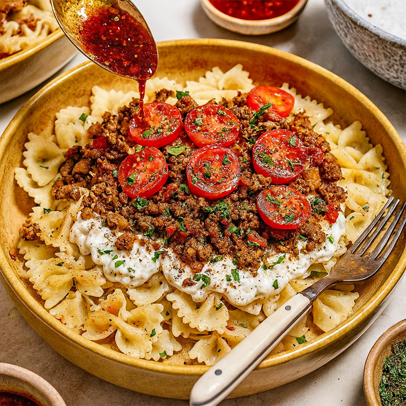 iV's Gourmet Creamy Garlic Yogurt Pasta with Spiced Mince